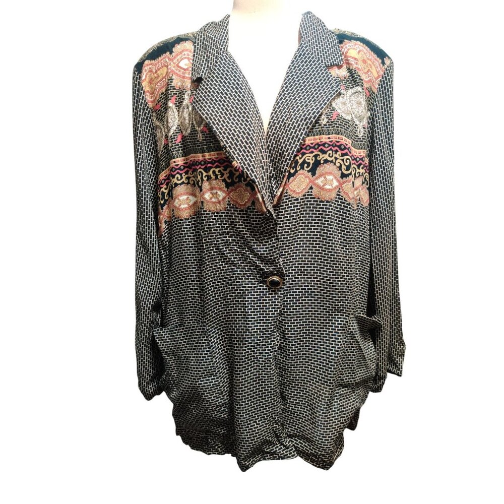 Vintage Kensington Square Plus Size 2X Black Baroque Graphic Blazer Made USA 90s